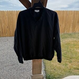 First USA Vintage Black Nylon V-Neck Windbreaker Pullover Side Zip One Size